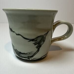 Signed Studio Art Coffee Mug Wrapping Bird Pattern Sage Green Color Collectable